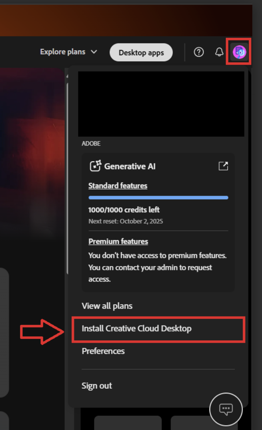 Top-right profile menu expanded on Adobe; “Install Creative Cloud Desktop” option visible.