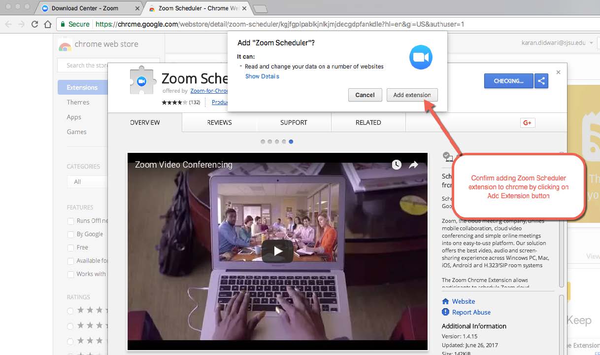 Zoom browser extension in Chrome panel