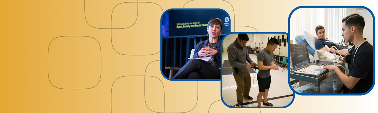 Collage of kinesiology students engaging in practical work: presenting, taking blood pressure, measuring body mass