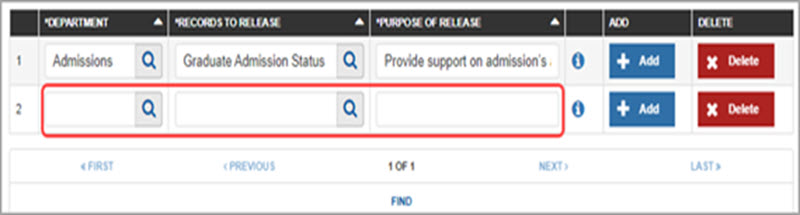 MySJSU table with fields for Department, Records to Release, and Purpose of Release. One completed row shows Admissions, Graduate Admission Status, and a purpose of providing admissions support. A second empty row is available to add another entry, with Add and Delete buttons for each row.
