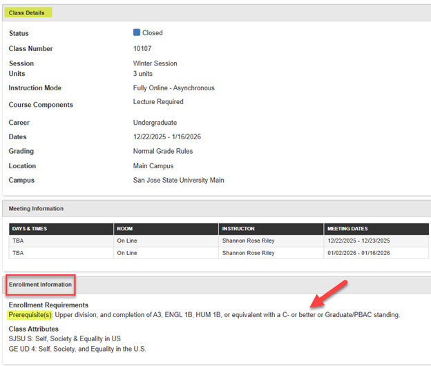 screenshot of class details on MySJSU